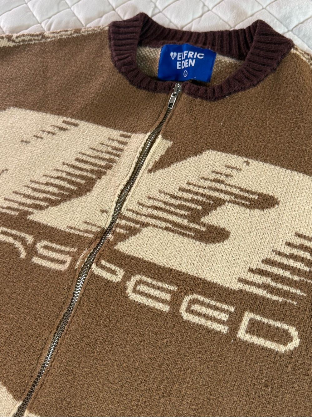 Aelfric Eden Superspeed Racing Knit Zip-Up Sweater Brown Oversized Size Large
